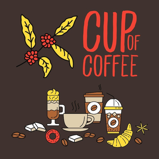 Set of flat line colored flat coffee icons