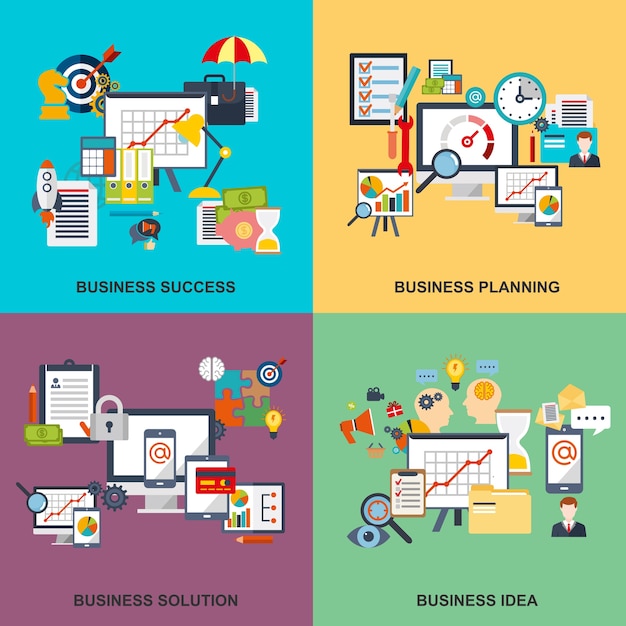 Set of flat line concept of business planning, business startup, business analysis.