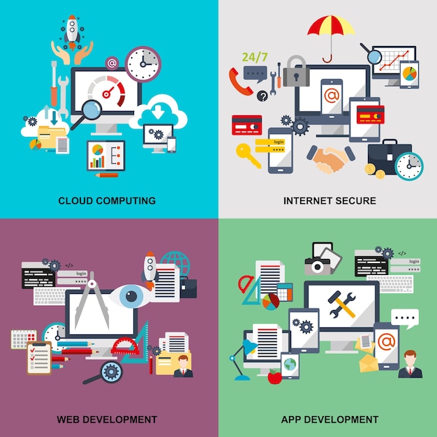 Набор концепции плоской линии облачных вычислений, интернет-безопасности, веб-разработки, приложений.