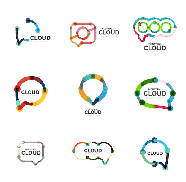 Set of flat linear design speech cloud logos Talk bubbles modern geometric industrial thin line icons