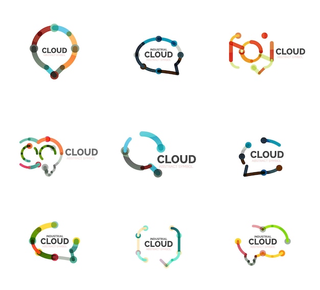 平らな線形設計音声クラウド ロゴのセット トーク泡モダンな幾何学的な産業の細い線のアイコン