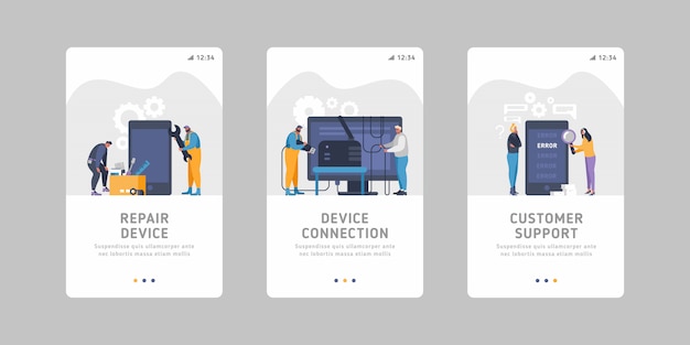 Set di modelli di dispositivi di scorrimento mobili piatti per la manutenzione, la gestione, la riparazione, la riparazione del dispositivo, problemi di connessione, cattivo segnale, errori dello smartphone.