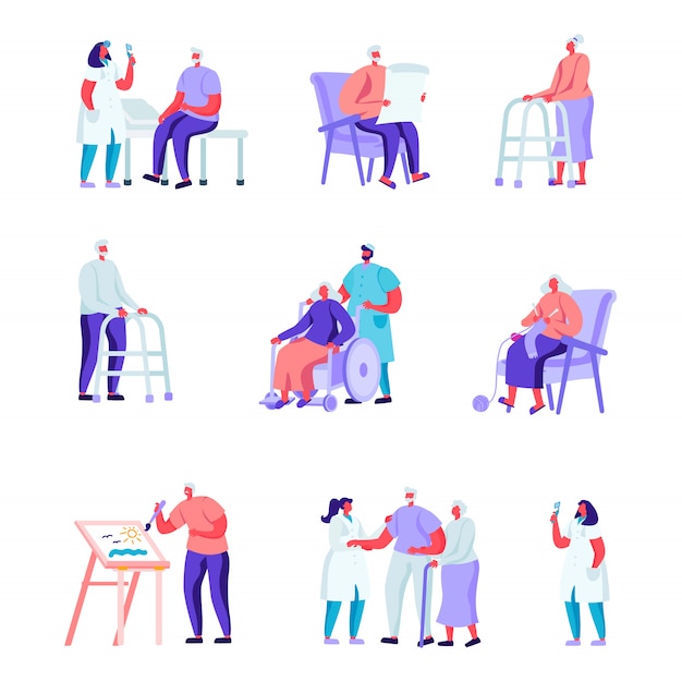 Set of Flat Older People in a Nursing Home Having Medical Aid Characters 