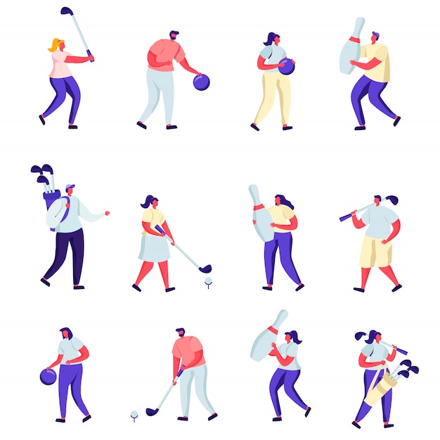 Set of flat people playing golf and bowling characters