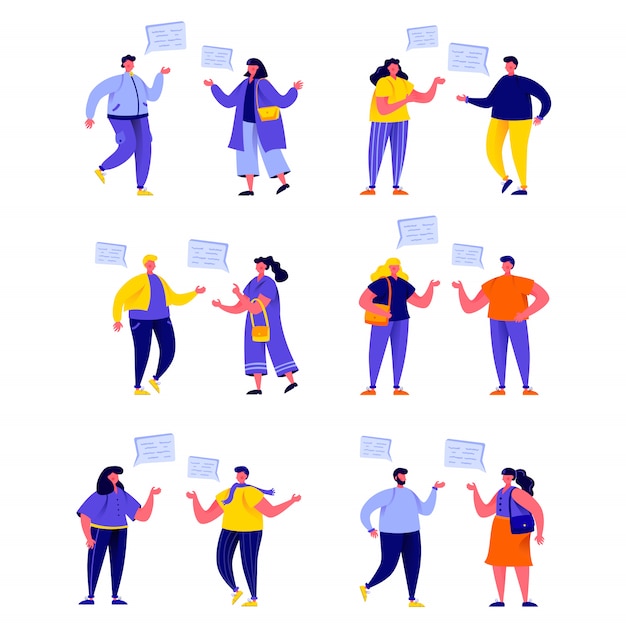 Vector set of flat people talking to each other with speech balloons characters