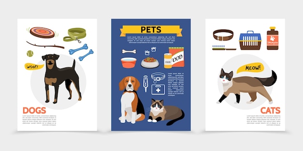 Vector set of flat pet supplies and animals card templates