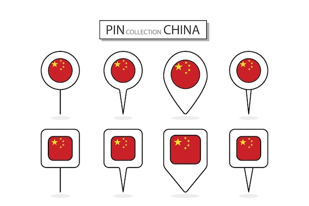 多様な形のフラット ピン中国の旗のアイコンのセット フラット ピン アイコン イラスト デザイン
