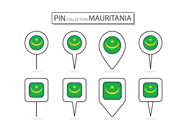 Set of flat pin mauritania flag icon in diverse shapes flat pin icon Illustration Design