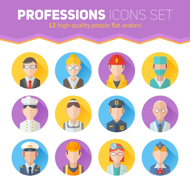 Vector set of flat portraits icons with people of different professions