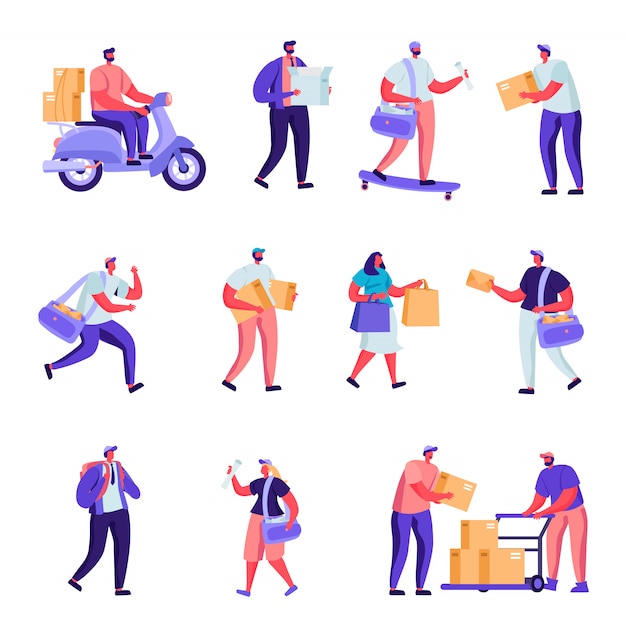 Vector set of flat postal delivery service characters