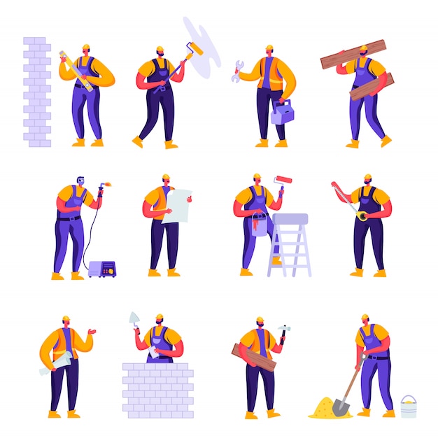 Set of flat professional construction workers engineers characters