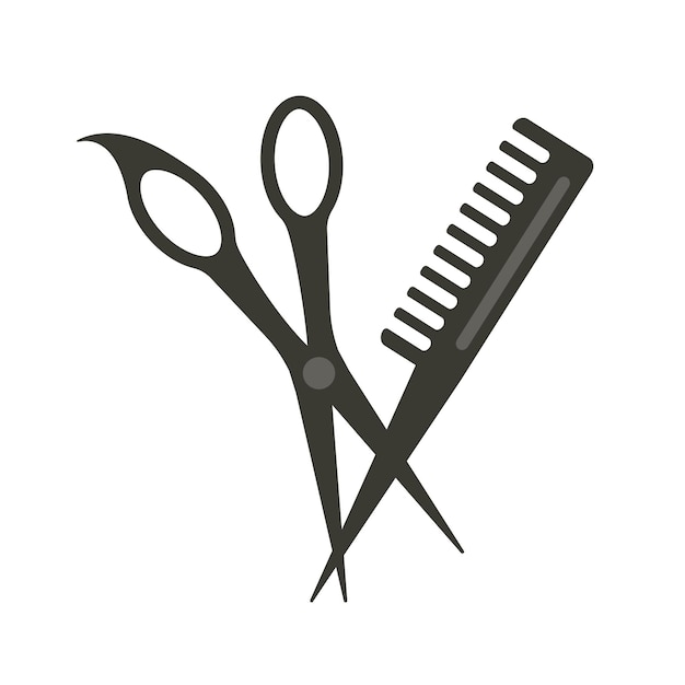 Vector set of flat silhouette of a hairbrush and scissors on a white transparent background