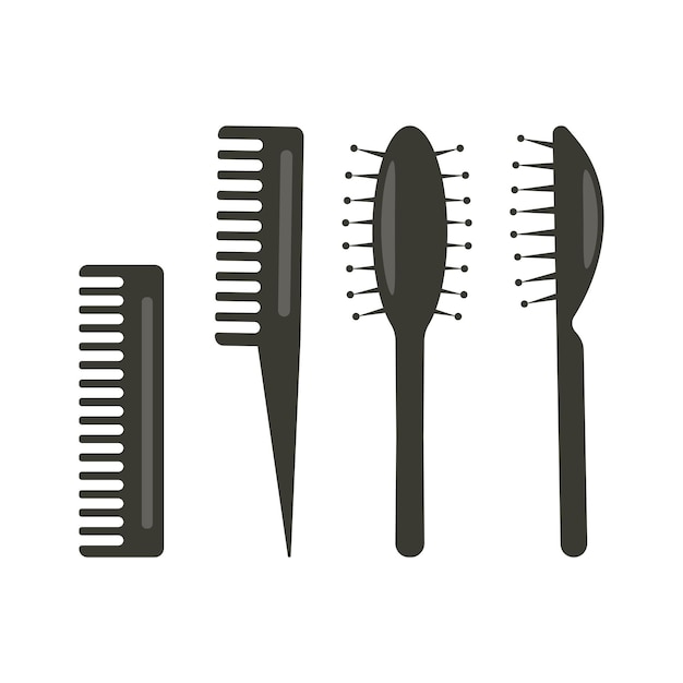 Vector set of flat silhouette of a hairbrush on a white transparent background