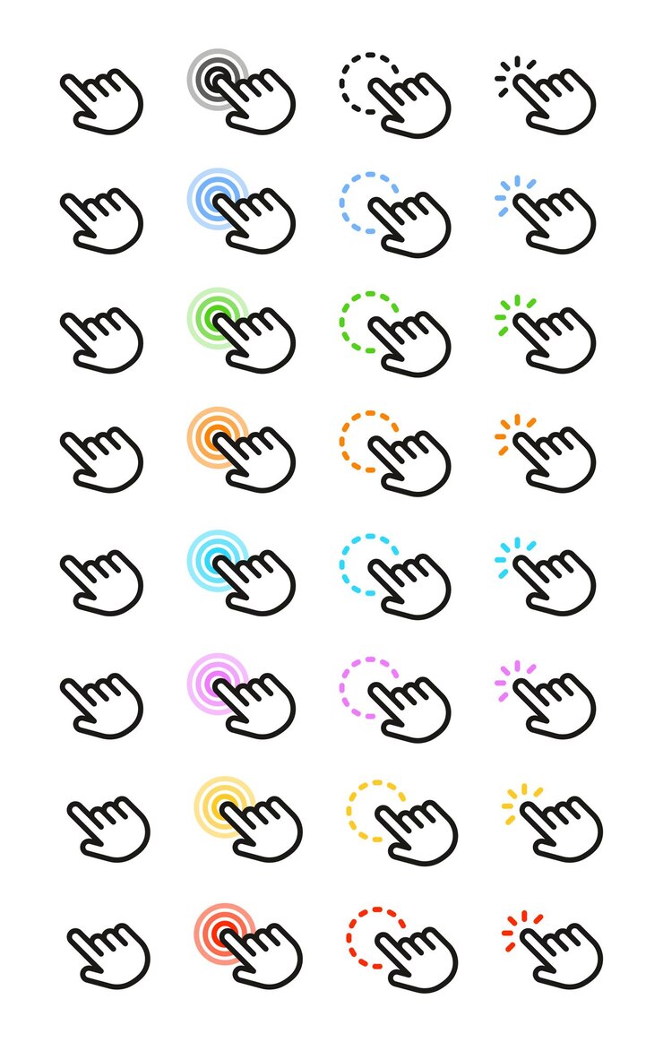 Vector a set of flat simple finger pointer icons in different colors