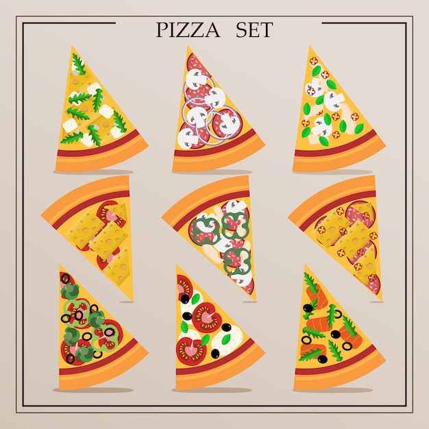 Vettore un set di fette piatte di pizza illustrazione vettoriale di pizza assortita