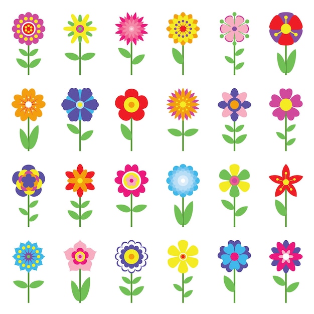 Vettore set di icone di fiori di primavera piatto isolato su priorità bassa bianca. semplici icone floreali colorate in colori vivaci. collezione di silhouette di fiori decorativi. forma diversa e vettore di clipart di vari colori.