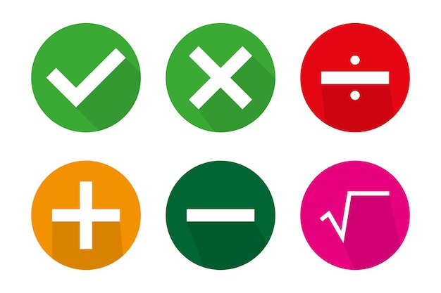 Set of flat square check mark X mark divided sign root sign plus sign and minus sign icon