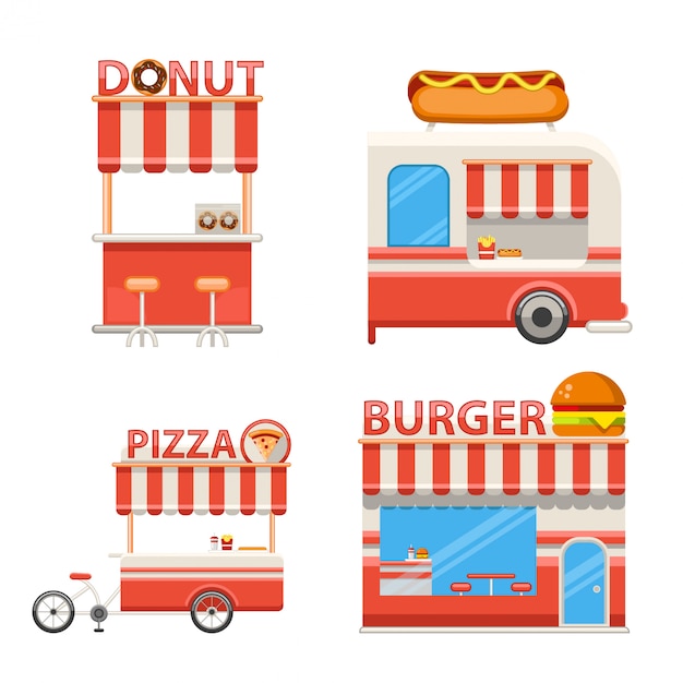 Set of flat street food stand icons and elements