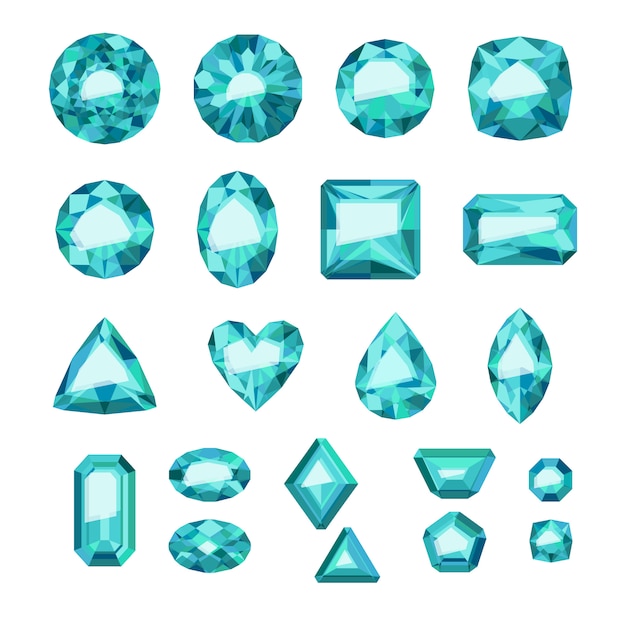 Vector set of flat style green jewels. colorful gemstones. emeralds  on white background.