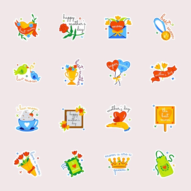 Set of Flat Style Happy Mothers Days Stickers