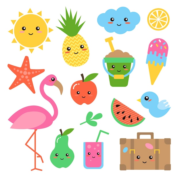 Set of flat style summer element: flamingo, pineapple, tropical leaf, sun, ice-cream. vector illustration for baby sticker, card, web icon, scrapbook design, poster. cute and funny kids style stickers