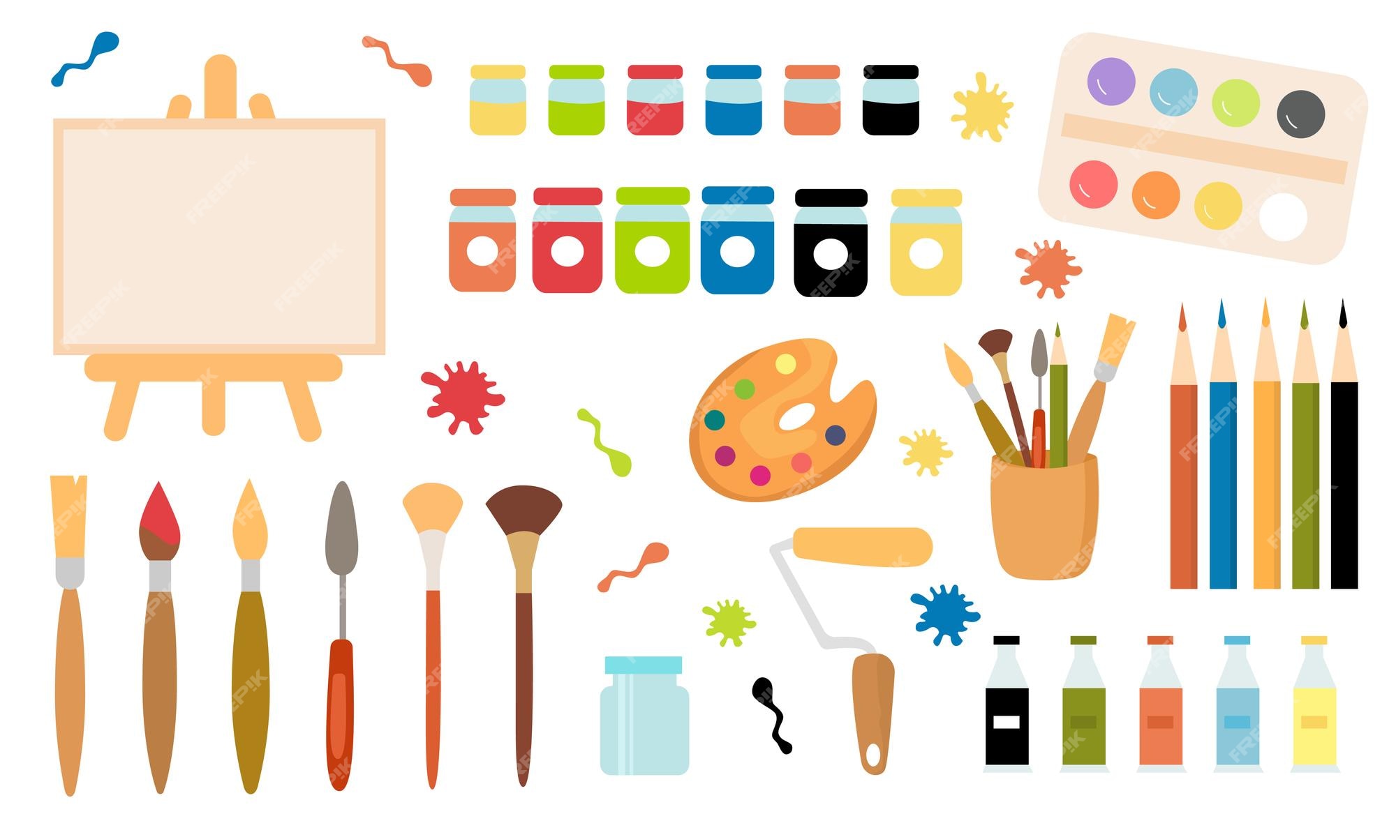 Drawing tools for children semi flat color vector object set