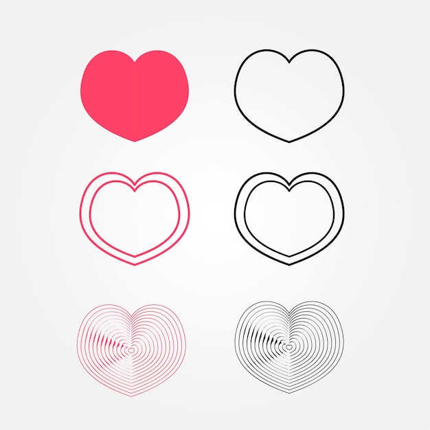 Vector set of flat valentine hearts, different design styles, red and black, modern love design