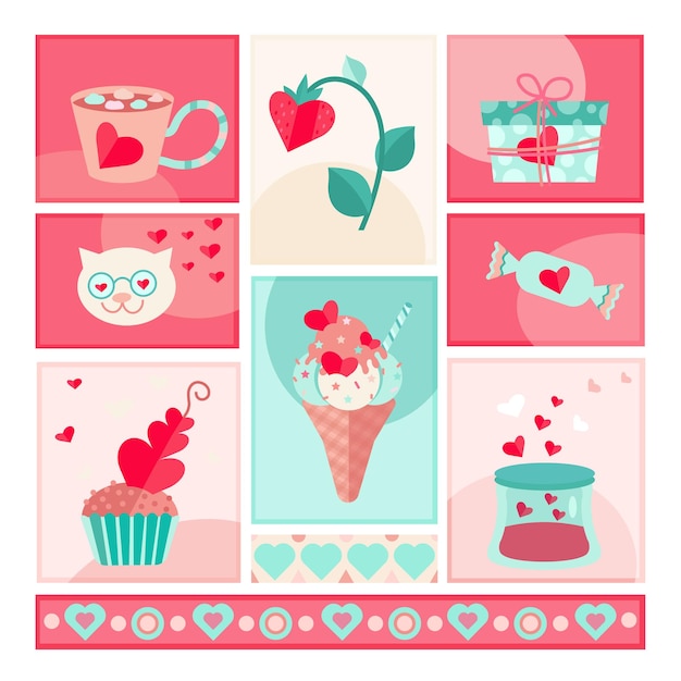 Set of flat valentines icons in pastel caramel colors with romantic symbols Cakes and strawberry