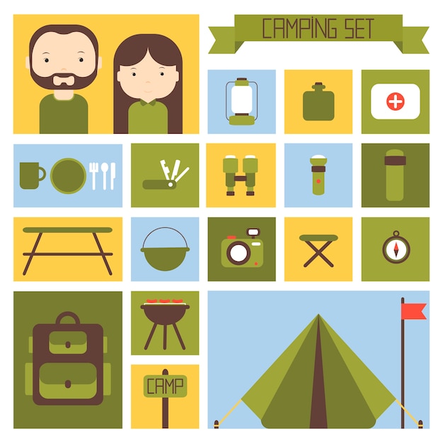 Vector set of flat vector camping equipment symbols and icons