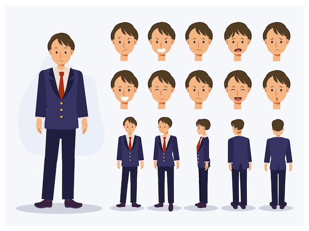 Set of Flat Vector Character Japanese student boy in uniform with various views, Cartoon style.