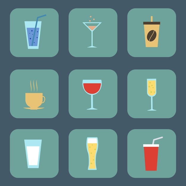 Set flat vector illustrations of alcoholic and nonalcoholic drinks