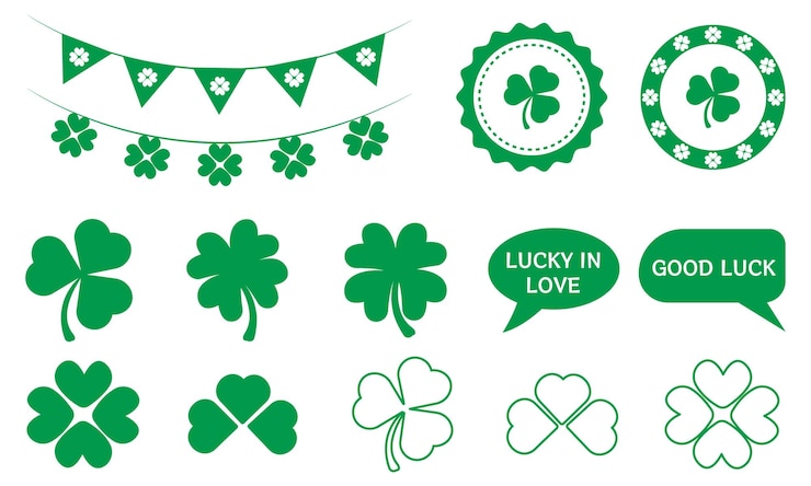 Vector set of flat vector illustrations for st. patrick's day.clover leaves,garlands,flags,frames,ribbons.