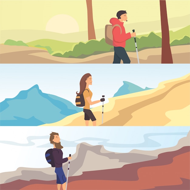 Set of flat vector web banners on the theme hiking, trekking, walking. sports, outdoor recreation, adventures in nature