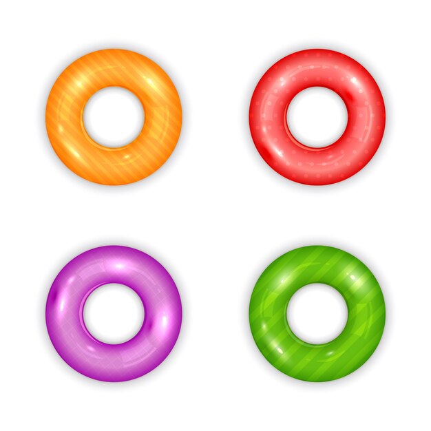 Set of float rings isolated on white background. rubber rings. summer, water and beach theme. colorful rubber toy. lifebuoy realistic icons. illustration can be used for summer design, posters, banner