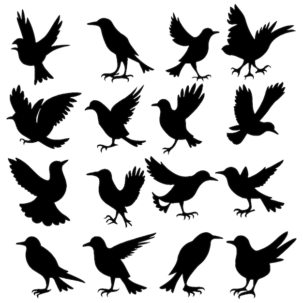 Set of a flock of flying different birds silhouettes Collection of cartoon black birds on Vector