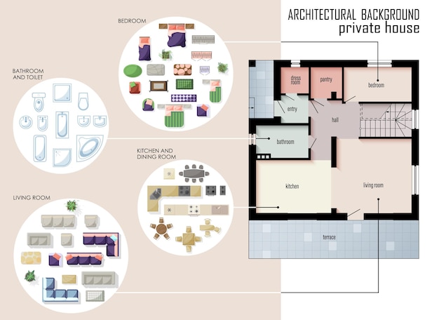 Vector set of floor plan and furniture top view for interior design of private house kit of architectural technical design elements townhouse cottage apartment architectural cad drawing vector collection