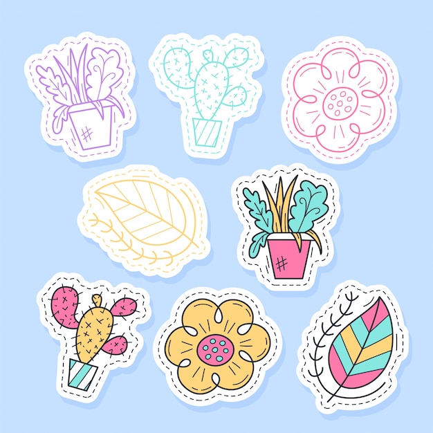 Vector set of flora plant stickers handwritten collection in cartoon style.
