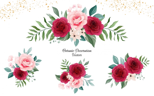 Vector set of floral arrangements of peach and burgundy rose flowers and leaves.