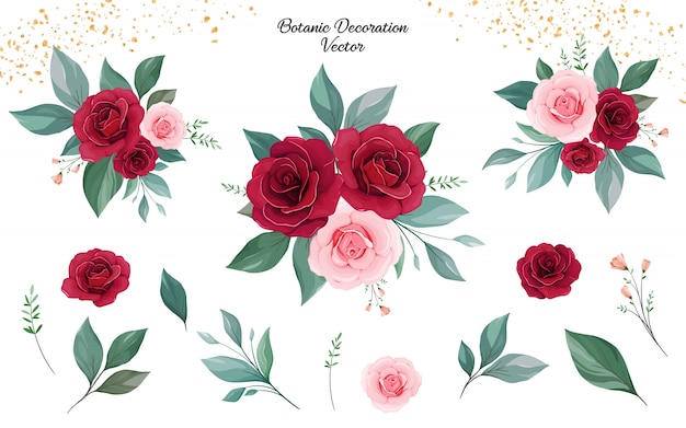 Vector set of floral arrangements of peach and burgundy rose flowers and leaves.