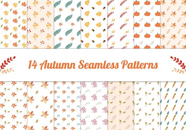 Set of floral autumn seamless patterns with fall leaves fall flower and fall vegetable