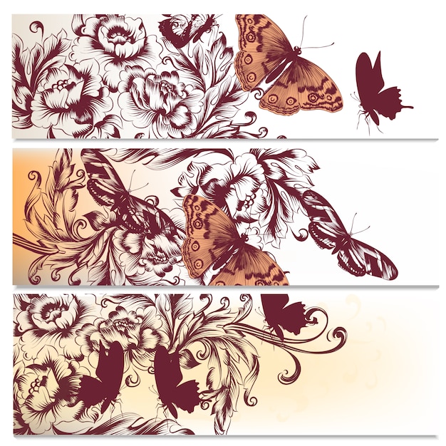 Set of floral banners with hand drawn butterflies