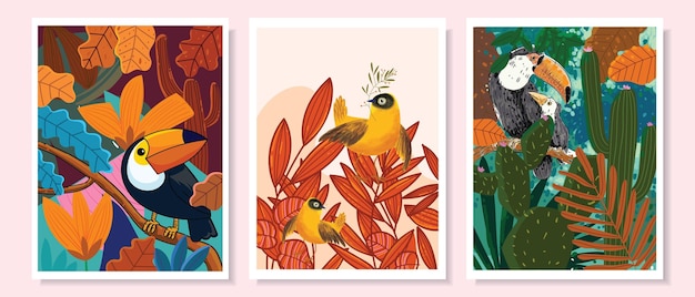 Set of floral birds on tree leaves colorful hand drawn vector illustration design background