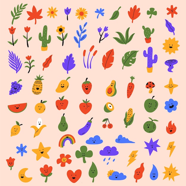 Set of floral botanical fruits and weather icon illustration with cute design