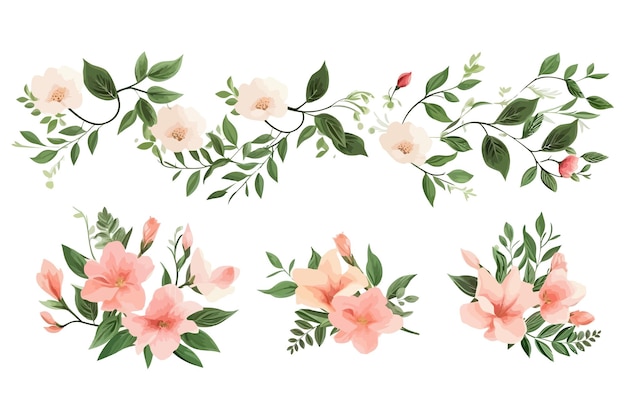 Set of floral branch Flat handdrawn illustration isolated on white background