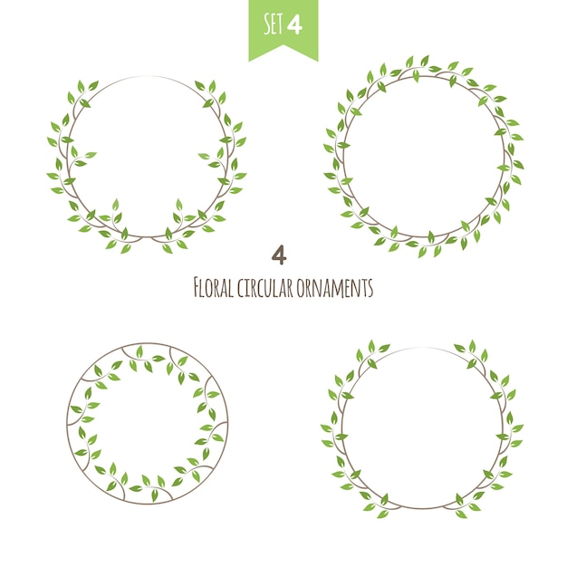 Vector set of floral circular frame with green leaves