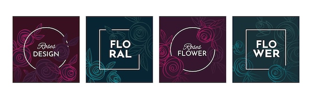 Set floral covers with rose and leaf Summer square cards Flowers on dark purple burgundy blue colors