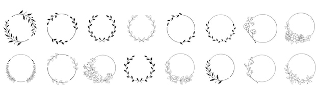 Vector set of floral design elements. wreath borders branch and minimalist flowers. hand drawn line wedding