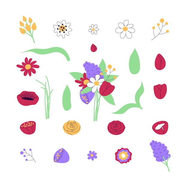 Set of floral doodle elements vector illustration