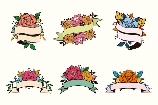 set of floral flower with ribbon