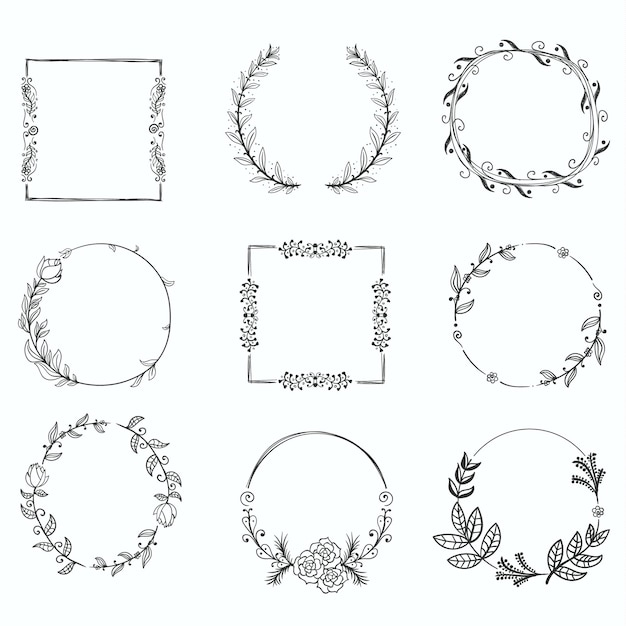 Set of floral handdrawn frames, icons in doodle style on white